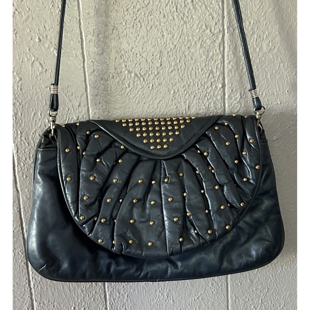 Women's Navy Blue Gold Studded Vtg Leather Park Avenue Shoulder Bag